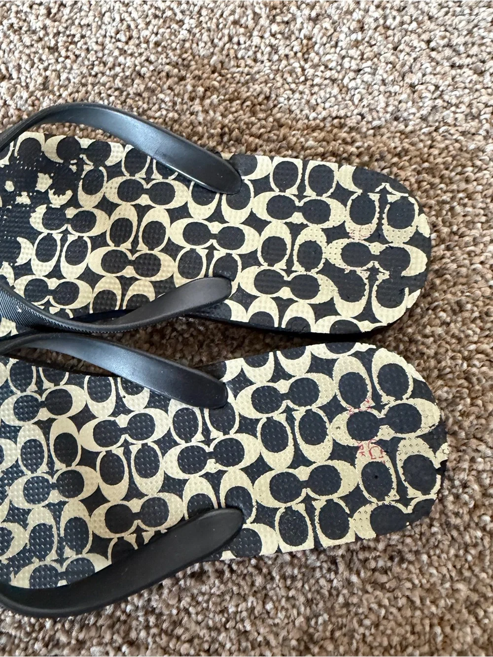 COACH Womens Signature Monogram Flip Flops Black White Gold Hardware